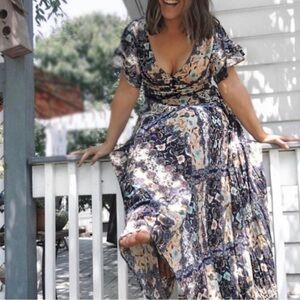 Abel the Label Anthropologie Bohemian Mixed Print Ghandi Maxi Dress Size Small